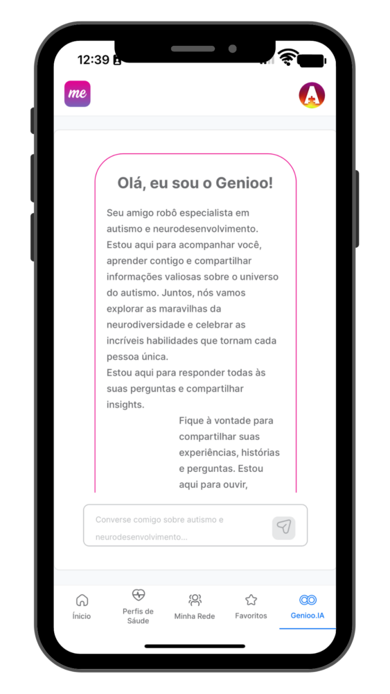 Tela de chat com a inteligência artificial Genioo do aplicativo Tismoo.me, que promove mais saúde no espectro do autismo.